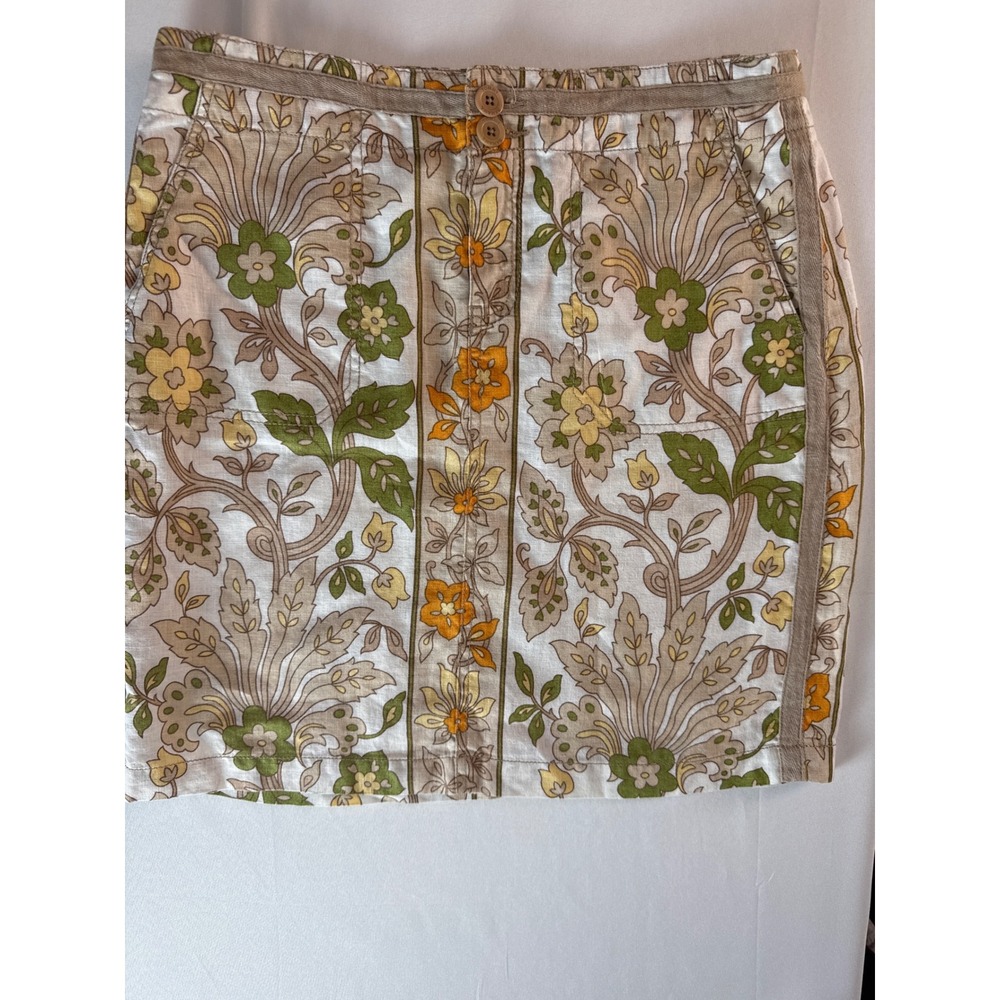 Tommy Bahama Womens 2 Linen Skirt Floral Botanical Green Orange Button Front
